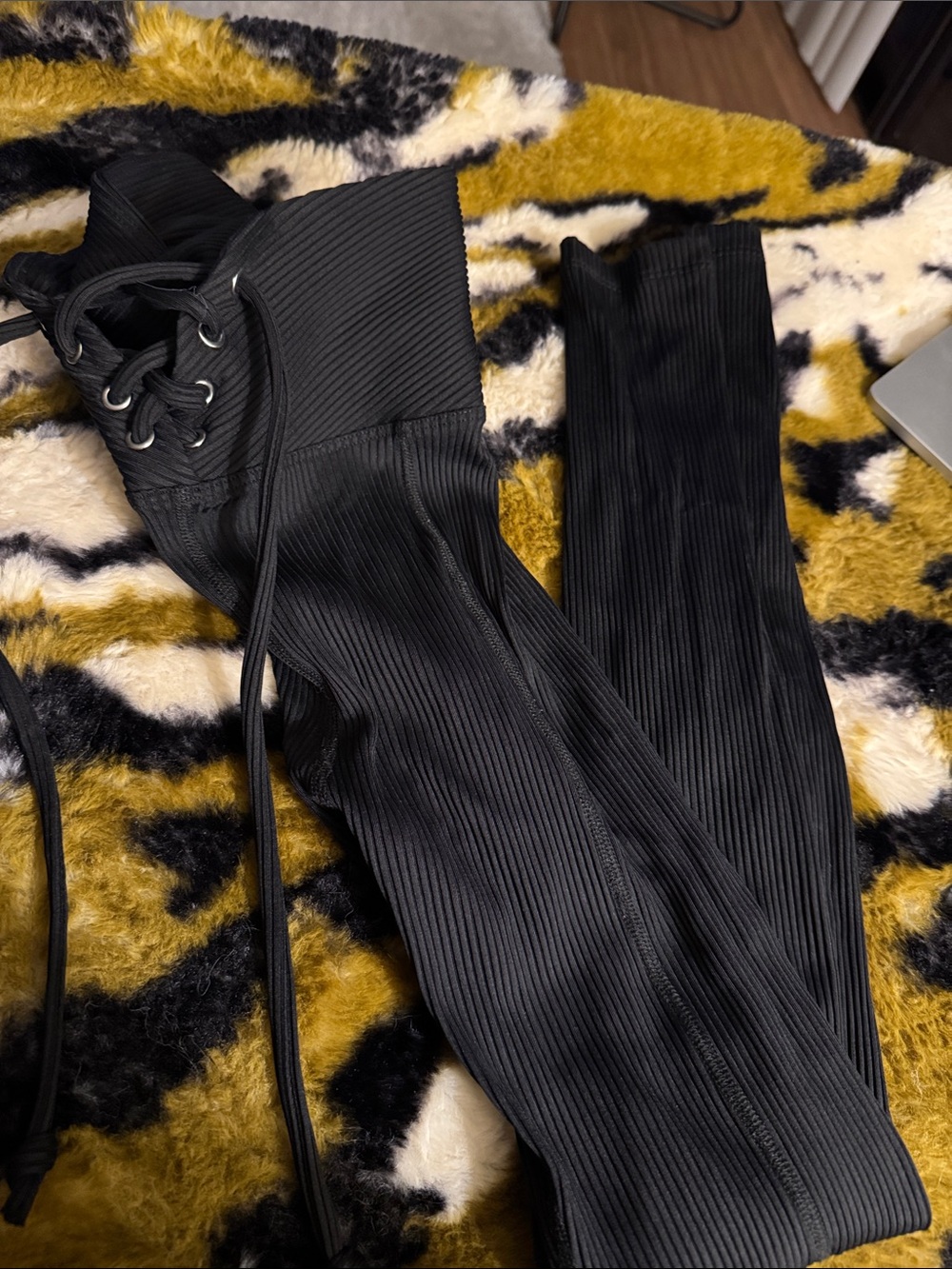 Year of Ours Black Ribbed Lace-Up High-Waist Leggings